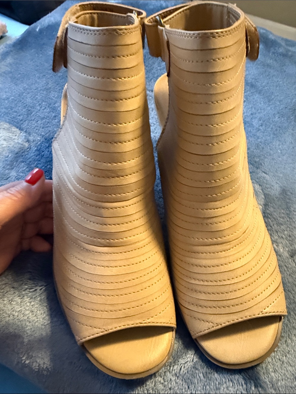 White Mountain Tan Strappy Peep-Toe Ankle Heels